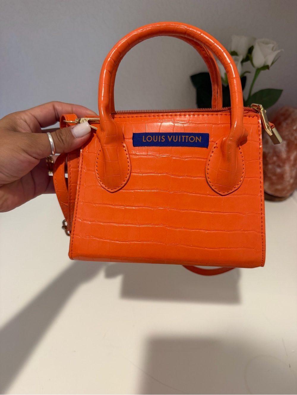 Fashion Orange Croc-Embossed Mini Top-Handle Bag LV